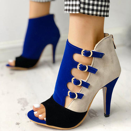 High Class Chic Blue & Tan Two Tone Buckle Open Toe Heels - Fashion Genie Boutique
