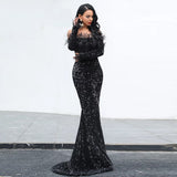 Be Mine Black Bardot Feather Long Sleeve Maxi Fishtail Dress - Fashion Genie Boutique