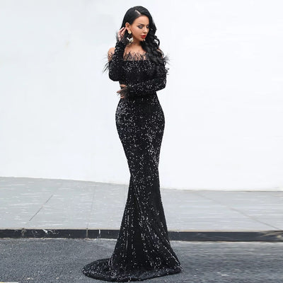 Be Mine Black Bardot Feather Long Sleeve Maxi Fishtail Dress - Fashion Genie Boutique
