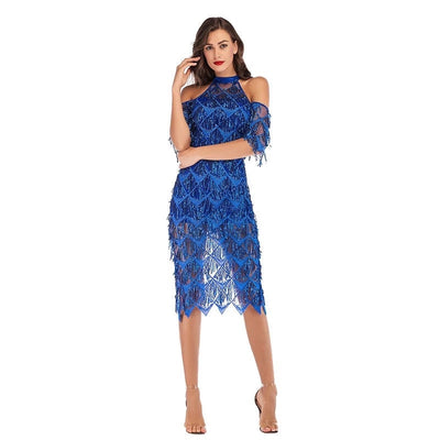 Confessions Blue Halter Sequin Tassel Midi Dress - Fashion Genie Boutique