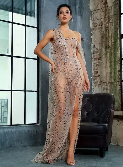 Glam Squad Gold Asymmetrical Glitter High Split Maxi Dress - Fashion Genie Boutique