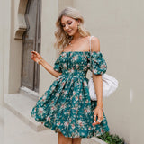 Fall Fast Green Bardot Floral Print Dress - Fashion Genie Boutique