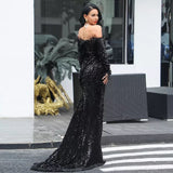 Be Mine Black Bardot Feather Long Sleeve Maxi Fishtail Dress - Fashion Genie Boutique