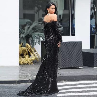 Be Mine Black Bardot Feather Long Sleeve Maxi Fishtail Dress - Fashion Genie Boutique