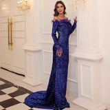 Be Mine Navy Bardot Feather Long Sleeve Maxi Fishtail Dress - Fashion Genie Boutique