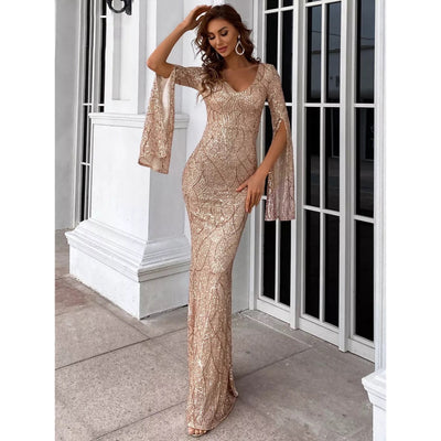 Deepest Devotion Gold Draped Sleeve Sequin Maxi Dress - Fashion Genie Boutique