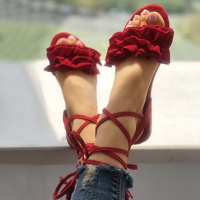 Special To You Red Ruffle Flat Lace Up Sandals - Fashion Genie Boutique