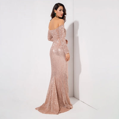 Dressed To Thrill Gold Sequin Bardot Maxi Dress - Fashion Genie Boutique