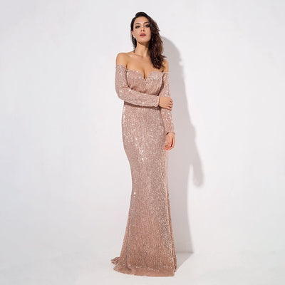 Dressed To Thrill Gold Sequin Bardot Maxi Dress - Fashion Genie Boutique