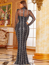 Dare Me Black Mesh Silver Sequin Long Sleeve Maxi Dress - Fashion Genie Boutique