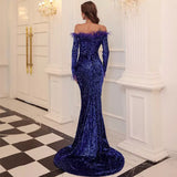 Be Mine Navy Bardot Feather Long Sleeve Maxi Fishtail Dress - Fashion Genie Boutique