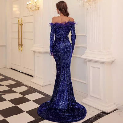 Be Mine Navy Bardot Feather Long Sleeve Maxi Fishtail Dress - Fashion Genie Boutique