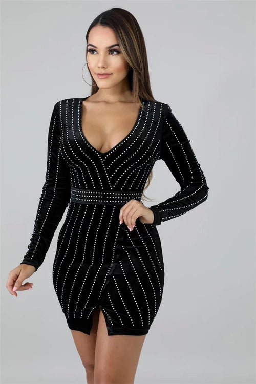 Cafe Society Black Long Sleeve Rhinestone Mini Dress - Fashion Genie Boutique