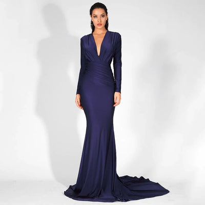 Always Dreaming Navy Long Sleeve Fishtail Maxi Gown Dress - Fashion Genie Boutique