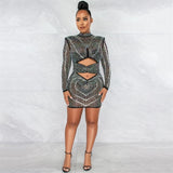 Farrah Black Rhinestone Embellished Mesh Long Sleeve Mini Dress - Fashion Genie Boutique