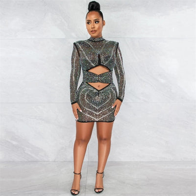 Farrah Black Rhinestone Embellished Mesh Long Sleeve Mini Dress - Fashion Genie Boutique