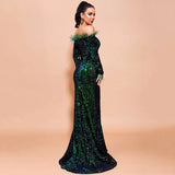Be Mine Green Bardot Feather Long Sleeve Maxi Fishtail Dress - Fashion Genie Boutique