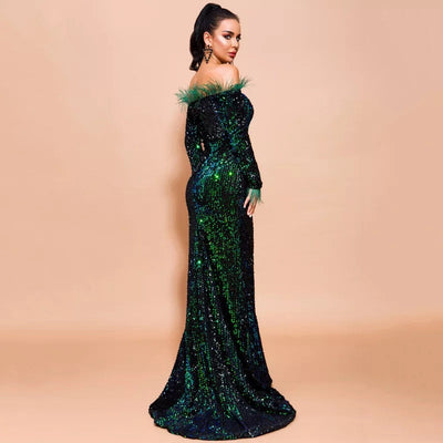 Be Mine Green Bardot Feather Long Sleeve Maxi Fishtail Dress - Fashion Genie Boutique