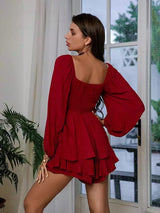 Ruffle Like This Red Plunge Long Sleeve Playsuit - Fashion Genie Boutique