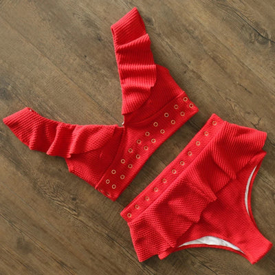 Maggie Red Ruffle Bikini Swimsuit - Fashion Genie Boutique