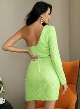 Deep Into You Green Asymmetrical Glitter Mini Dress - Fashion Genie Boutique