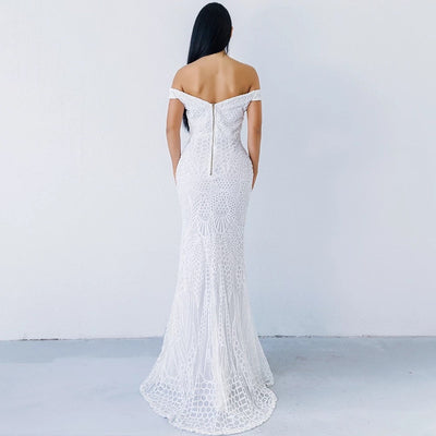 Monroe White Bardot Sequin Maxi Gown Dress - Fashion Genie Boutique