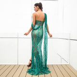 Glam Squad Green Asymmetrical Glitter High Split Maxi Dress - Fashion Genie Boutique