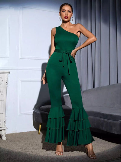 My Valentine Green One Shoulder Flare Leg Jumpsuit - Fashion Genie Boutique