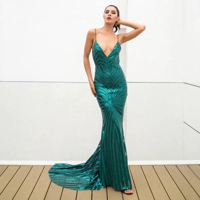 Ecstasy Green Plunge Sequin Maxi Fishtail Gown Dress - Fashion Genie Boutique