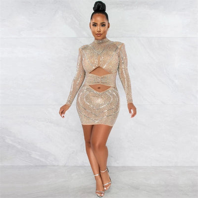 Farrah Nude Rhinestone Embellished Mesh Long Sleeve Mini Dress - Fashion Genie Boutique