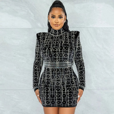 City Sleek Black Rhinestone Embellished Long Sleeve Mini Dress - Fashion Genie Boutique