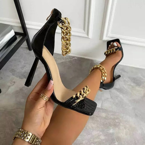 Leader Of The Pack Black Gold Chain High Sandals - Fashion Genie Boutique