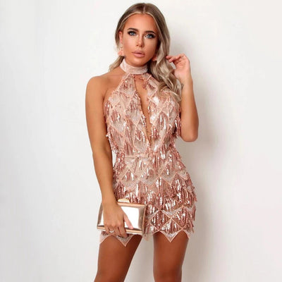 Zoned Out Gold Halter Plunge Sequin Tassel Mini Dress - Fashion Genie Boutique