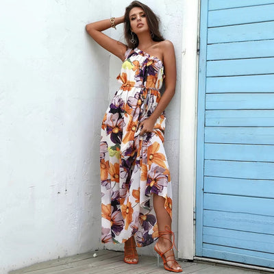 Fiesta Multi Floral Print One Shoulder Maxi Dress - Fashion Genie Boutique
