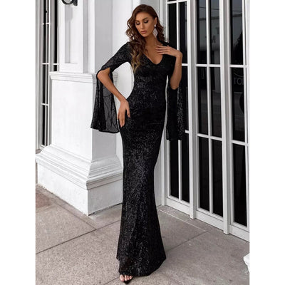 Deepest Devotion Black Draped Sleeve Sequin Maxi Dress - Fashion Genie Boutique