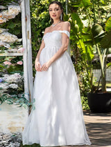 Sheer Romance White Bardot Tulle Maxi Gown Dress - Fashion Genie Boutique