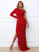 Make a Wish Red Bardot Asymmetrical Sequin Maxi Dress - Fashion Genie Boutique