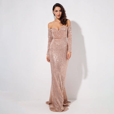 Dressed To Thrill Gold Sequin Bardot Maxi Dress - Fashion Genie Boutique