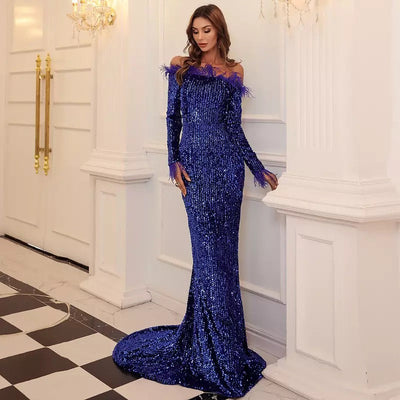 Be Mine Navy Bardot Feather Long Sleeve Maxi Fishtail Dress - Fashion Genie Boutique