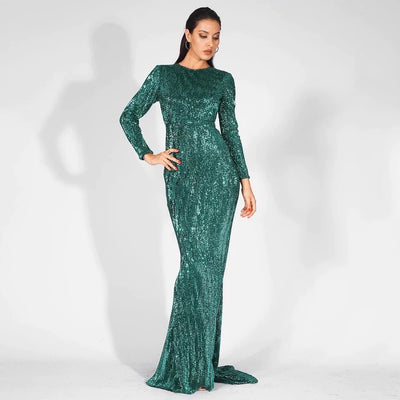 Never Enough Green Sequin Long Sleeve Maxi Fishtail Dress - Fashion Genie Boutique