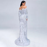 Be Mine Silver Bardot Feather Long Sleeve Maxi Fishtail Dress - Fashion Genie Boutique