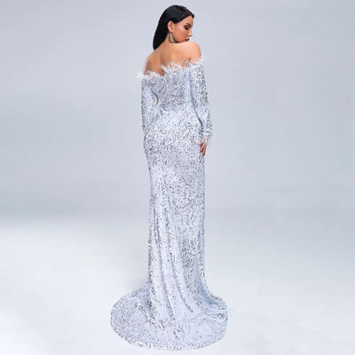 Be Mine Silver Bardot Feather Long Sleeve Maxi Fishtail Dress - Fashion Genie Boutique