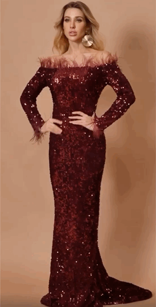 Be Mine Burgundy Bardot Feather Long Sleeve Maxi Fishtail Dress - Fashion Genie Boutique
