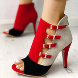 High Class Chic Red & Tan Two Tone Buckle Open Toe Heels - Fashion Genie Boutique