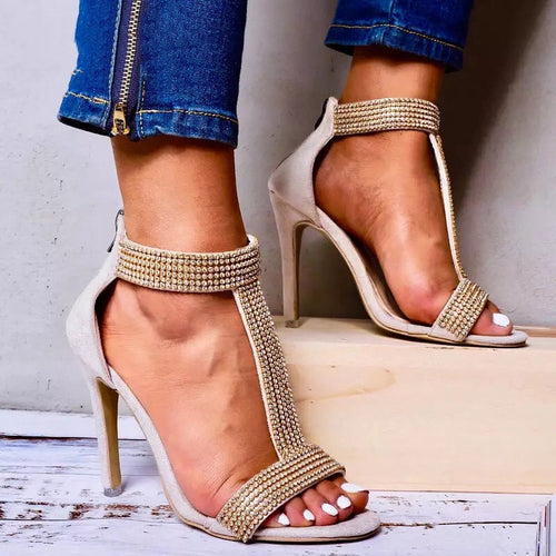 Rock Chic Beige Crystal Embellished Stiletto Shoes - Fashion Genie Boutique