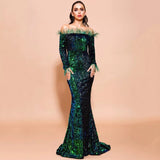 Be Mine Green Bardot Feather Long Sleeve Maxi Fishtail Dress - Fashion Genie Boutique
