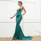 Ecstasy Green Plunge Sequin Maxi Fishtail Gown Dress - Fashion Genie Boutique