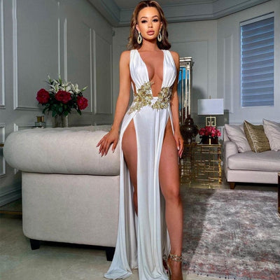 High Shine White Deep Plunge Floaty Maxi Dress - Fashion Genie Boutique