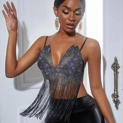 Go Ahead Black Rhinestone Fringe Crop Top - Fashion Genie Boutique