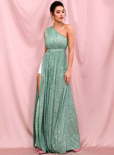 Sparkle All Night Green One Shoulder Sequin Maxi Dress - Fashion Genie Boutique